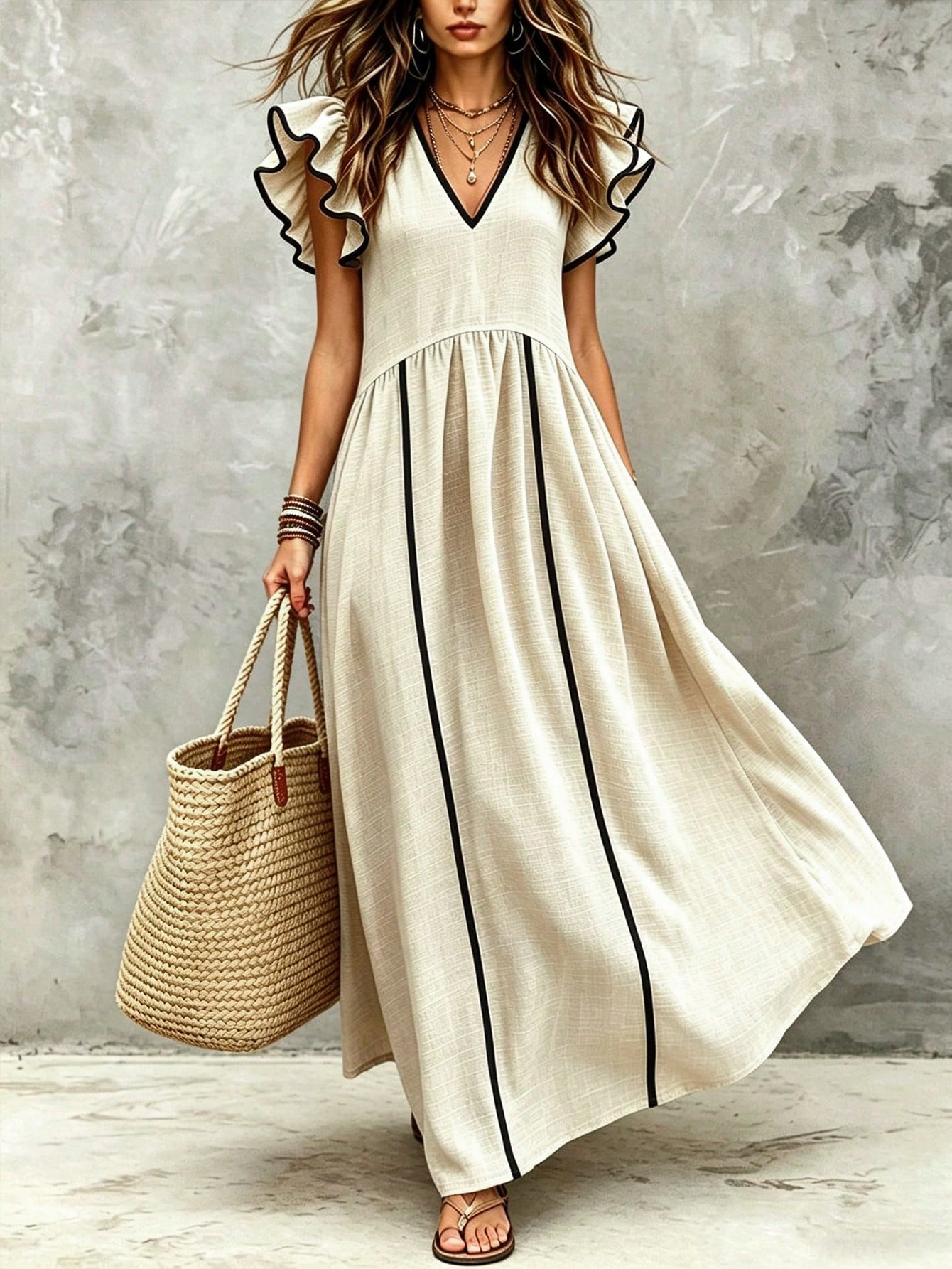 Holidaya Women's Summer Apricot V-Neck Flutter Sleeve Loose Long Dress, High Waist Full Skirt, Textured Flutter Sleeve Dress, Versatile Commute, Daily Office, Date, Dinner Party, Birthday Holida