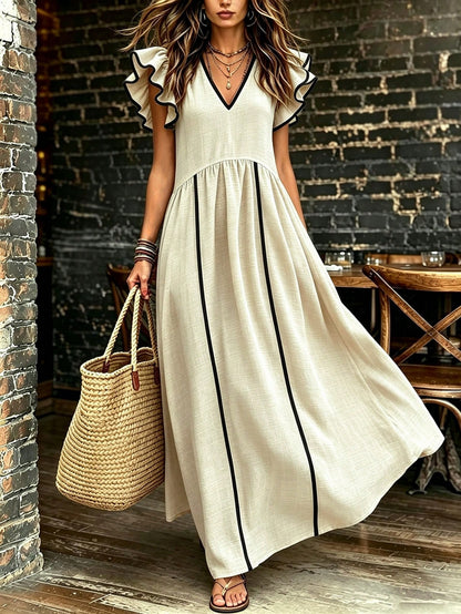 Holidaya Women's Summer Apricot V-Neck Flutter Sleeve Loose Long Dress, High Waist Full Skirt, Textured Flutter Sleeve Dress, Versatile Commute, Daily Office, Date, Dinner Party, Birthday Holida
