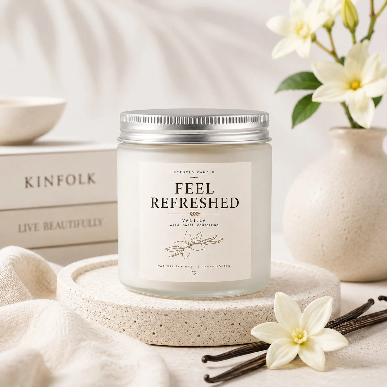 Home Soothing Vanilla Canned Handmade Poured Candle, Natural Soy Wax Smokeless Pure Combustion, Warm Vanilla Scent Revitalizes Body And Mind, Uplifts Mood, Minimalist Frosted Jar Decorates Bedroom, Li