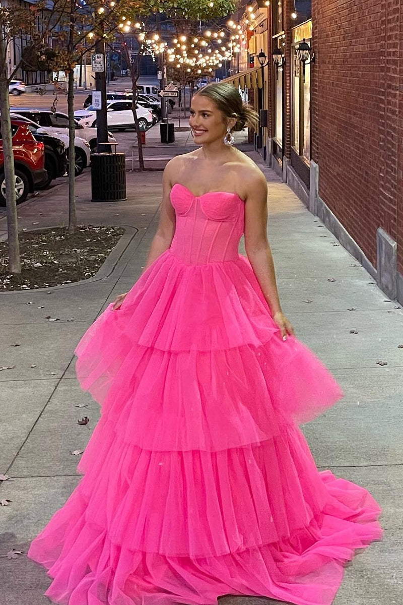 Hot Pink Corset Sweetheart Tiered Ruffles Long Prom Dress