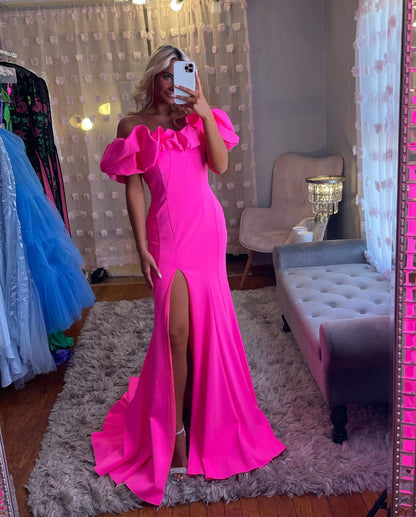 Hot Pink Off the Shoulder Mermaid Long Formal Dress with Slit