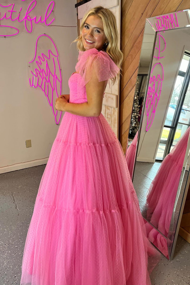 Hot Pink Polk Dots A-line Long Formal Dress