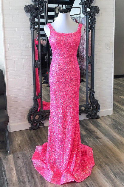 Hot Pink Sequin Mermaid Long Formal Dress