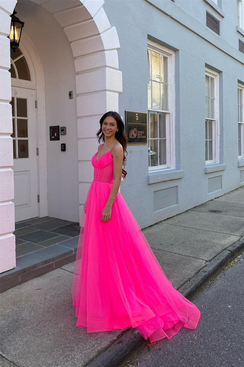 Hot Pink Sheer Corset A-line Formal Dress