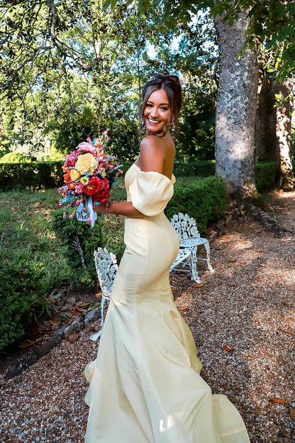 Hot Pink Strapless Mermaid Long Party Dress with Short Sleeves