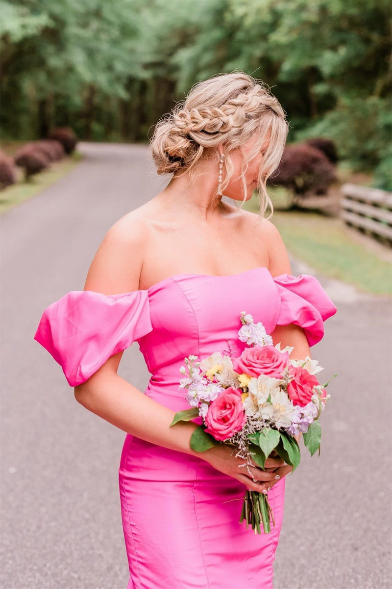 Hot Pink Strapless Mermaid Long Party Dress with Short Sleeves