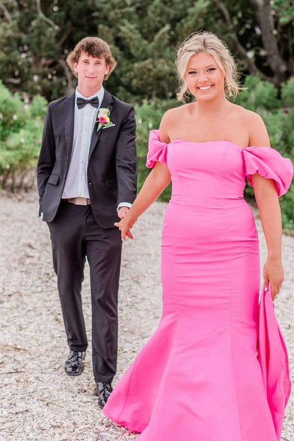 Hot Pink Strapless Mermaid Long Party Dress with Short Sleeves