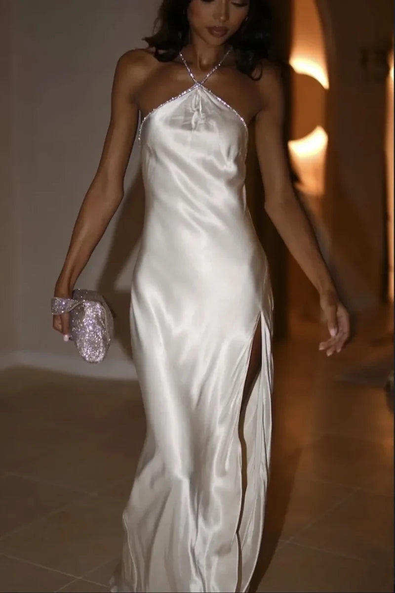 Hot Sparkle Sheath Halter Neck White Long Party Dress with Split Front Beading,AST2317