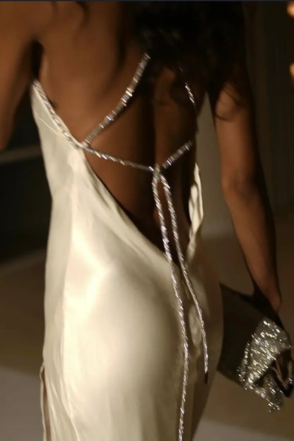 Hot Sparkle Sheath Halter Neck White Long Party Dress with Split Front Beading,AST2317