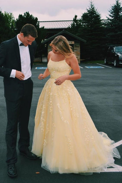 Hot Yellow Tulle Lace Long Prom Dress - Party Evening Gown