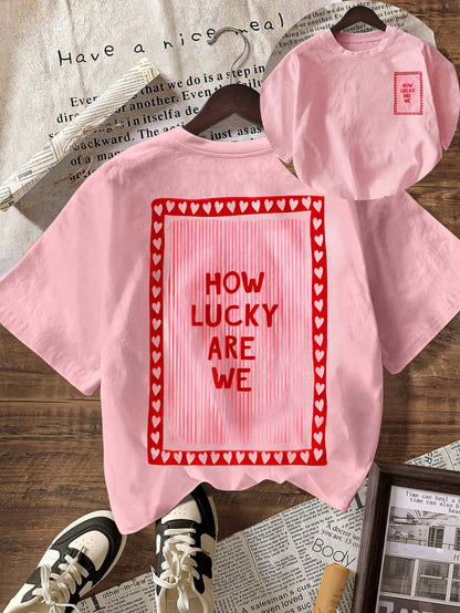 How Lucky Are We Women Summer Tops, Women's Holiday Clothing, Women's T-Shirts Summer Wear, Women's Summer Outfits Beach Wear, Women Casual Shirts, Plus Size T-Shirts- Women Casual Round Neck Short S