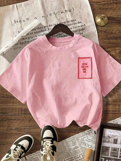 How Lucky Are We Women Summer Tops, Women's Holiday Clothing, Women's T-Shirts Summer Wear, Women's Summer Outfits Beach Wear, Women Casual Shirts, Plus Size T-Shirts- Women Casual Round Neck Short S