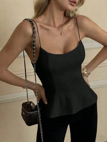 HUACAITA 2026 Spring New Black Y2K Camisole Top For Women, French Square Neck Fitted Ruffle Hem, Sexy Open Back Cropped Sleeveless Elegant Top Casual