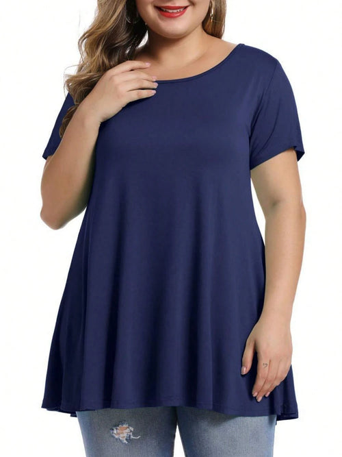 Huskary Plus Size Tops For Women Round Neck Short Sleeve Shirts Casual Summer Clothes Tunics For Leggings