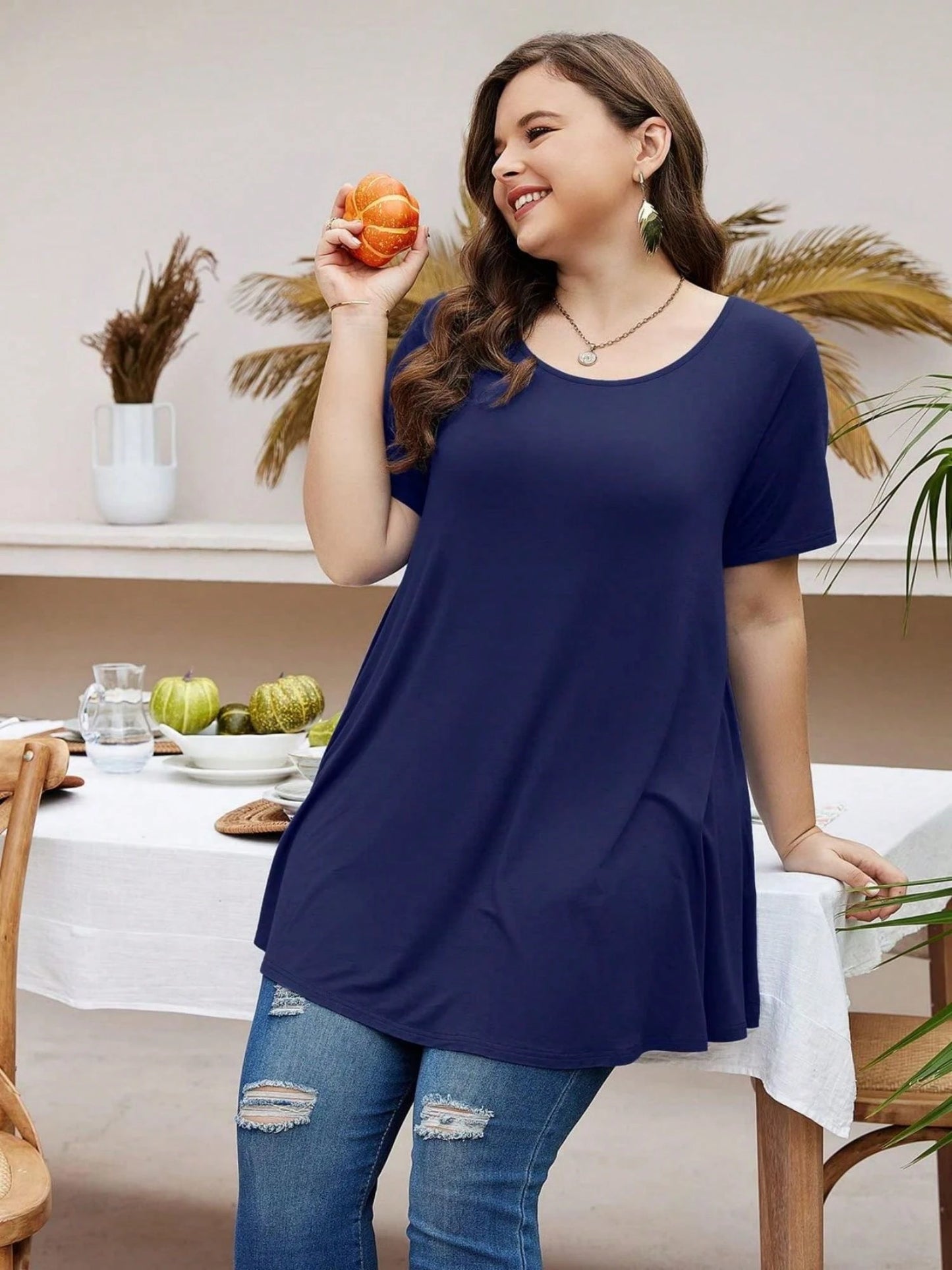 Huskary Plus Size Tops For Women Round Neck Short Sleeve Shirts Casual Summer Clothes Tunics For Leggings
