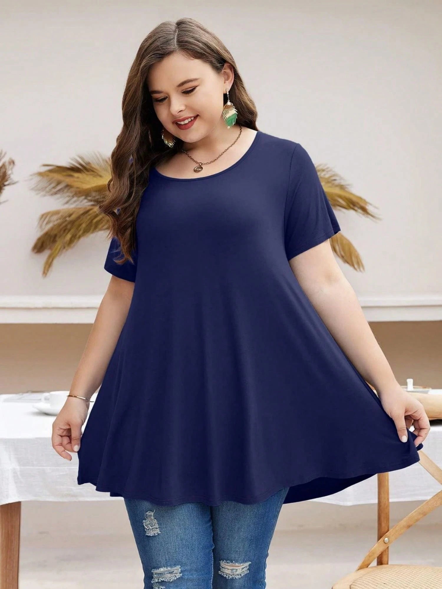 Huskary Plus Size Tops For Women Round Neck Short Sleeve Shirts Casual Summer Clothes Tunics For Leggings