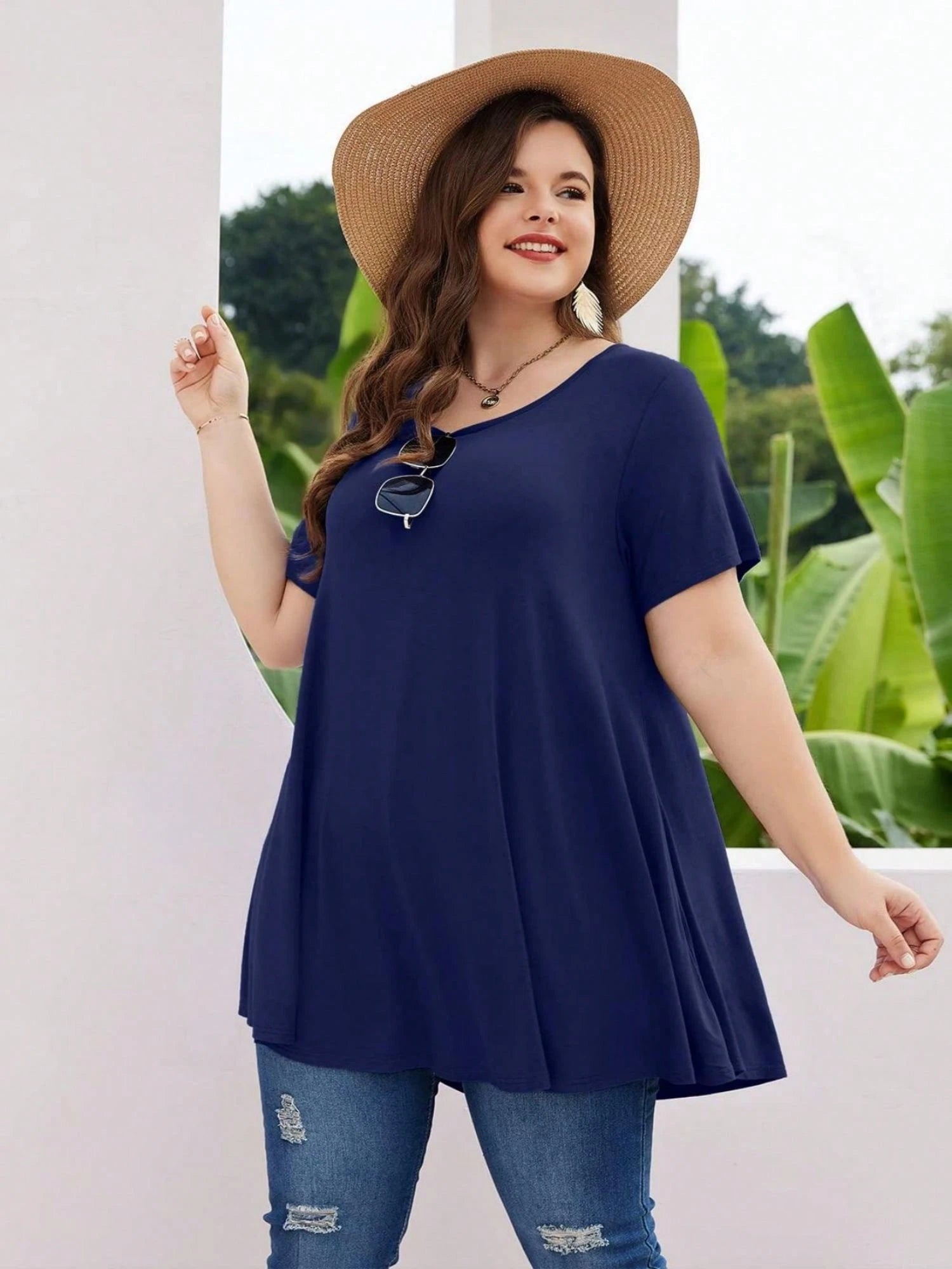 Huskary Plus Size Tops For Women Round Neck Short Sleeve Shirts Casual Summer Clothes Tunics For Leggings