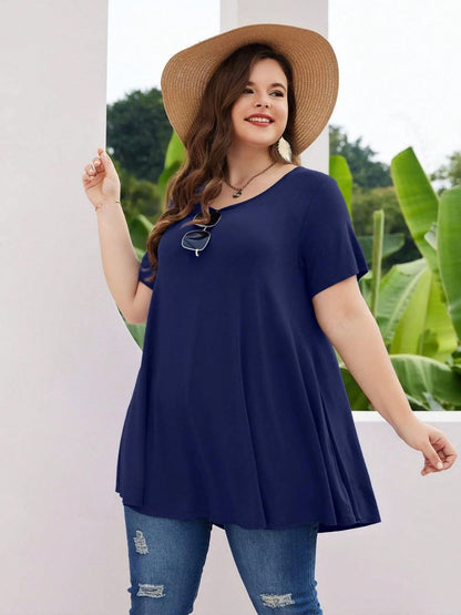 Huskary Plus Size Tops For Women Round Neck Short Sleeve Shirts Casual Summer Clothes Tunics For Leggings