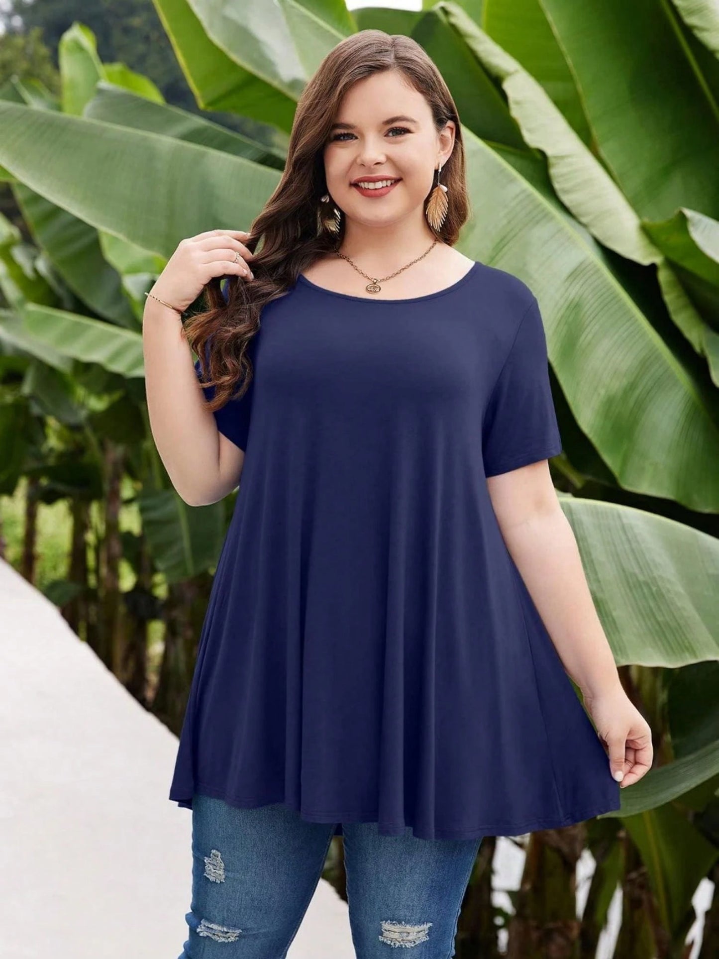 Huskary Plus Size Tops For Women Round Neck Short Sleeve Shirts Casual Summer Clothes Tunics For Leggings