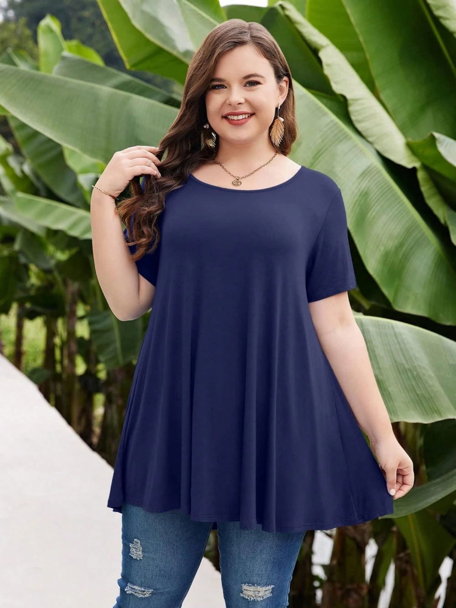 Huskary Plus Size Tops For Women Round Neck Short Sleeve Shirts Casual Summer Clothes Tunics For Leggings