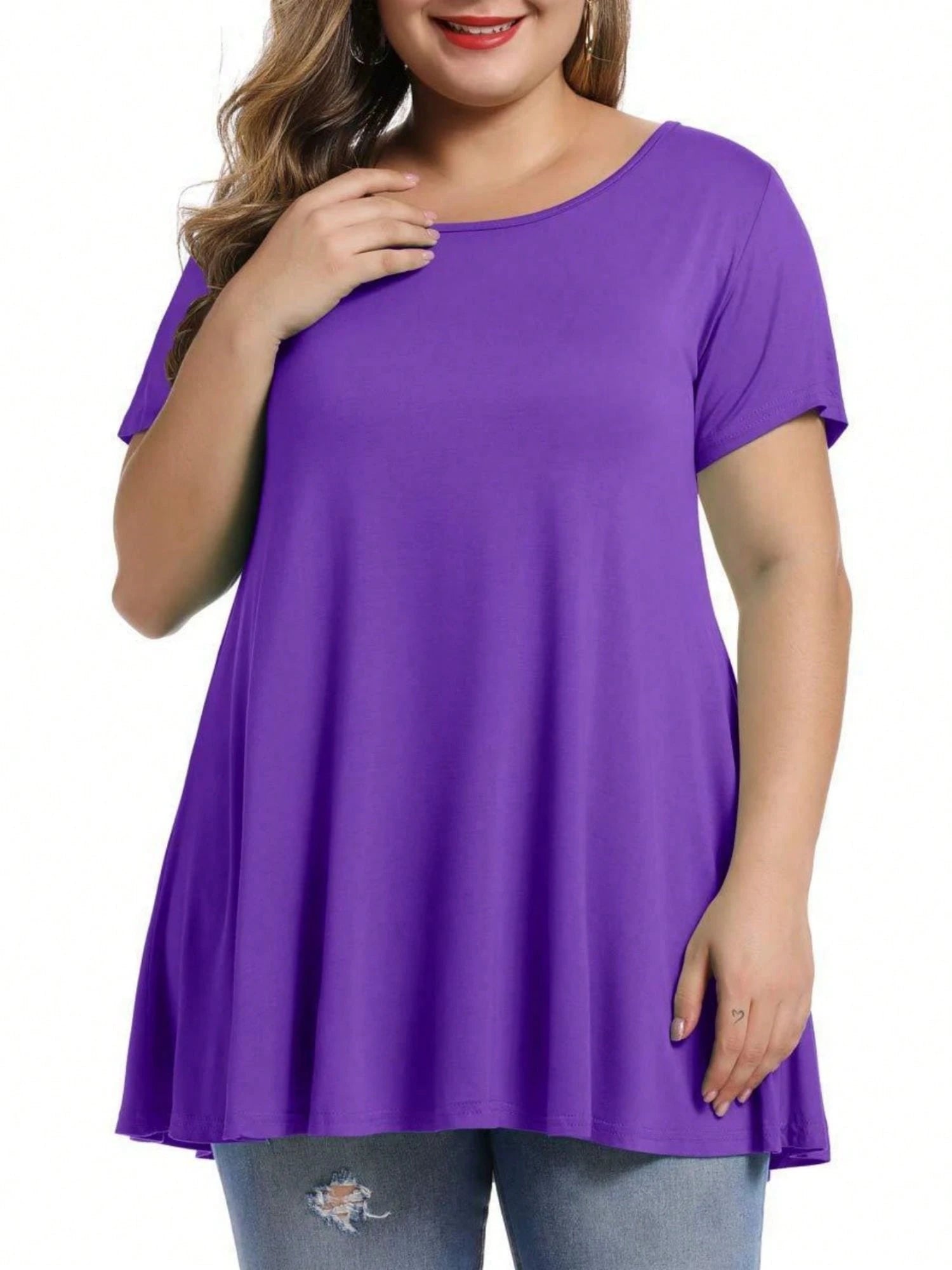 Huskary Plus Size Tops For Women Round Neck Short Sleeve Shirts Casual Summer Clothes Tunics For Leggings