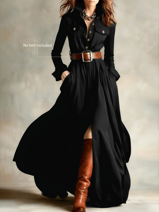 HUTENER Women's Spring/Summer Fashion Solid Color Vintage Long Dress, Perfect Choice For Parties And Gatherings (No Belt Included) Elegant Black