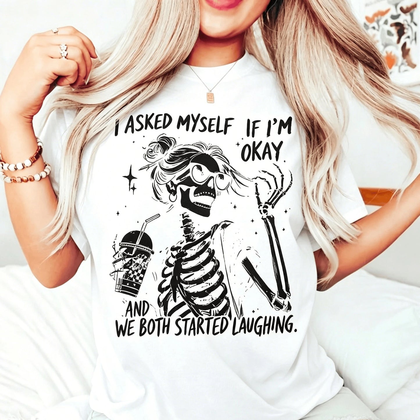 I Asked Myself If I'm Okay Skeleton Comfortable T-Shirt, Snarky Sarcastic Funny Mental Health Shirt, Vintage Distressed Graphic Tee