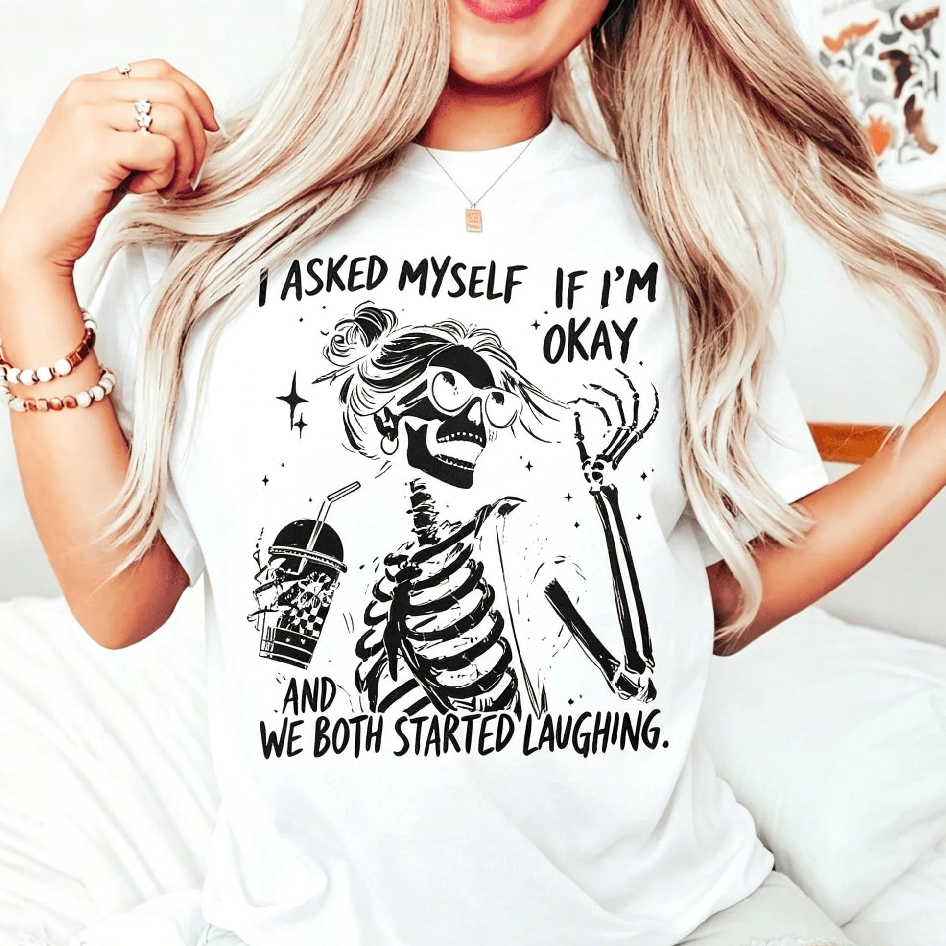 I Asked Myself If I'm Okay Skeleton Comfortable T-Shirt, Snarky Sarcastic Funny Mental Health Shirt, Vintage Distressed Graphic Tee