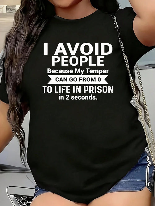 I Avoid People 1 Pcs Women's Plus Size T-Shirt Funny Patterns, Comfortable And Stress-Free, Loose Fit, 100% Polyester Casual Crew Neck Top, 220g Machine Washable And Hand Washable