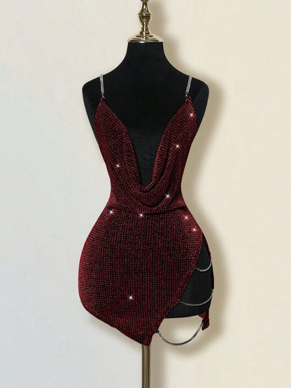 ICON Exaggerated Draped Neck Rhinestone Decor Criss-Cross Open Back High Slit Mini Dress