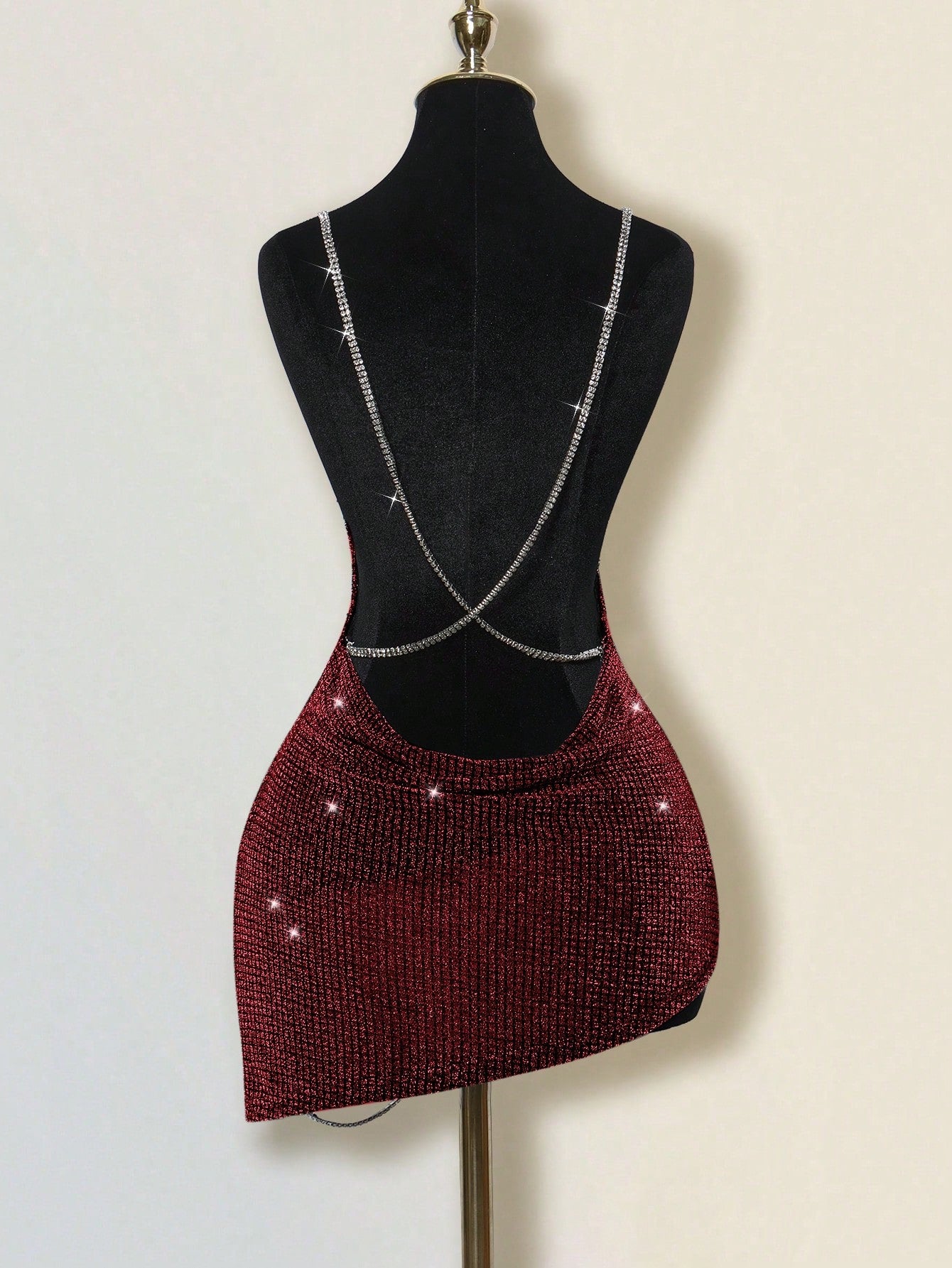 ICON Exaggerated Draped Neck Rhinestone Decor Criss-Cross Open Back High Slit Mini Dress