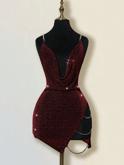 ICON Exaggerated Draped Neck Rhinestone Decor Criss-Cross Open Back High Slit Mini Dress
