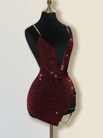 ICON Exaggerated Draped Neck Rhinestone Decor Criss-Cross Open Back High Slit Mini Dress