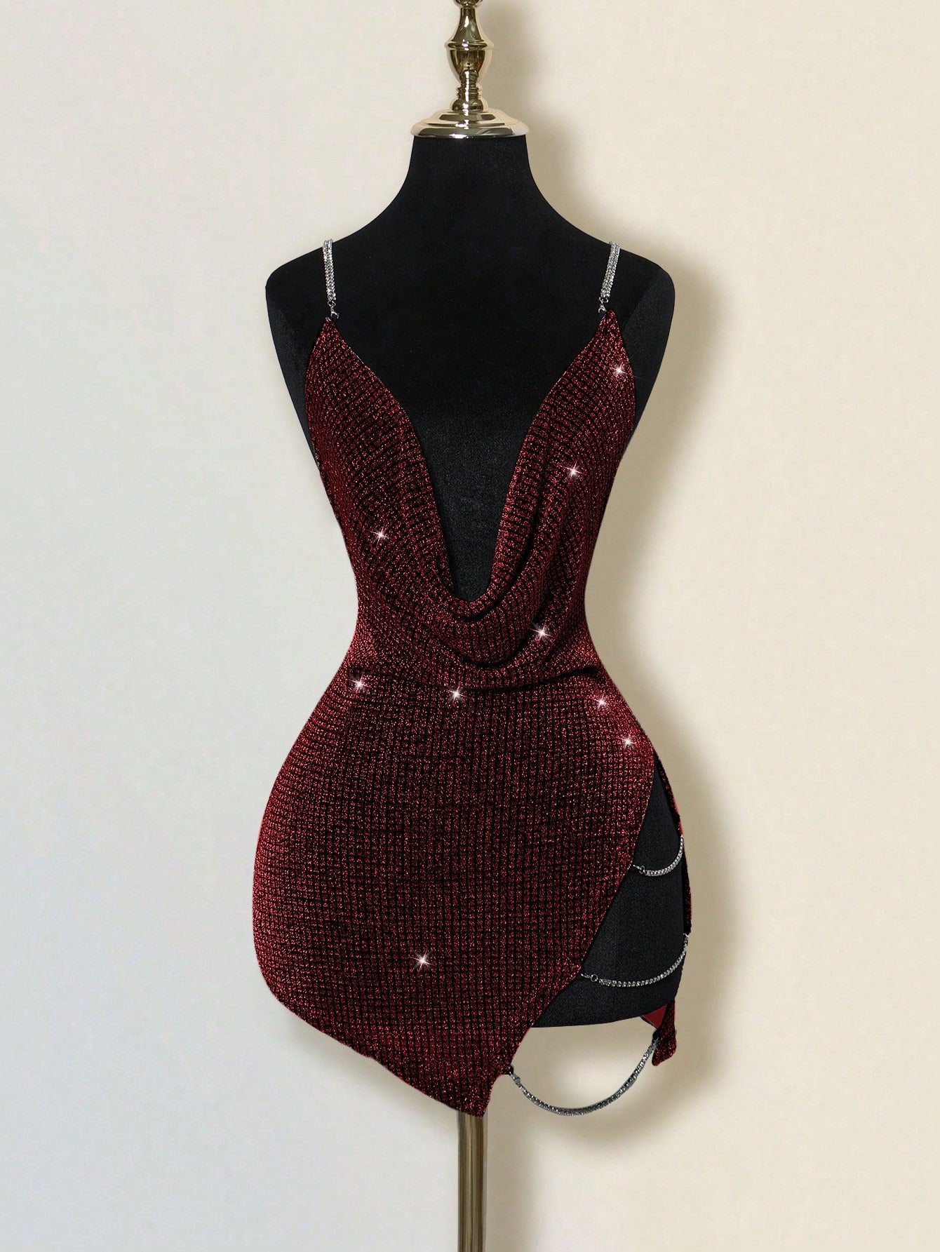 ICON Exaggerated Draped Neck Rhinestone Decor Criss-Cross Open Back High Slit Mini Dress