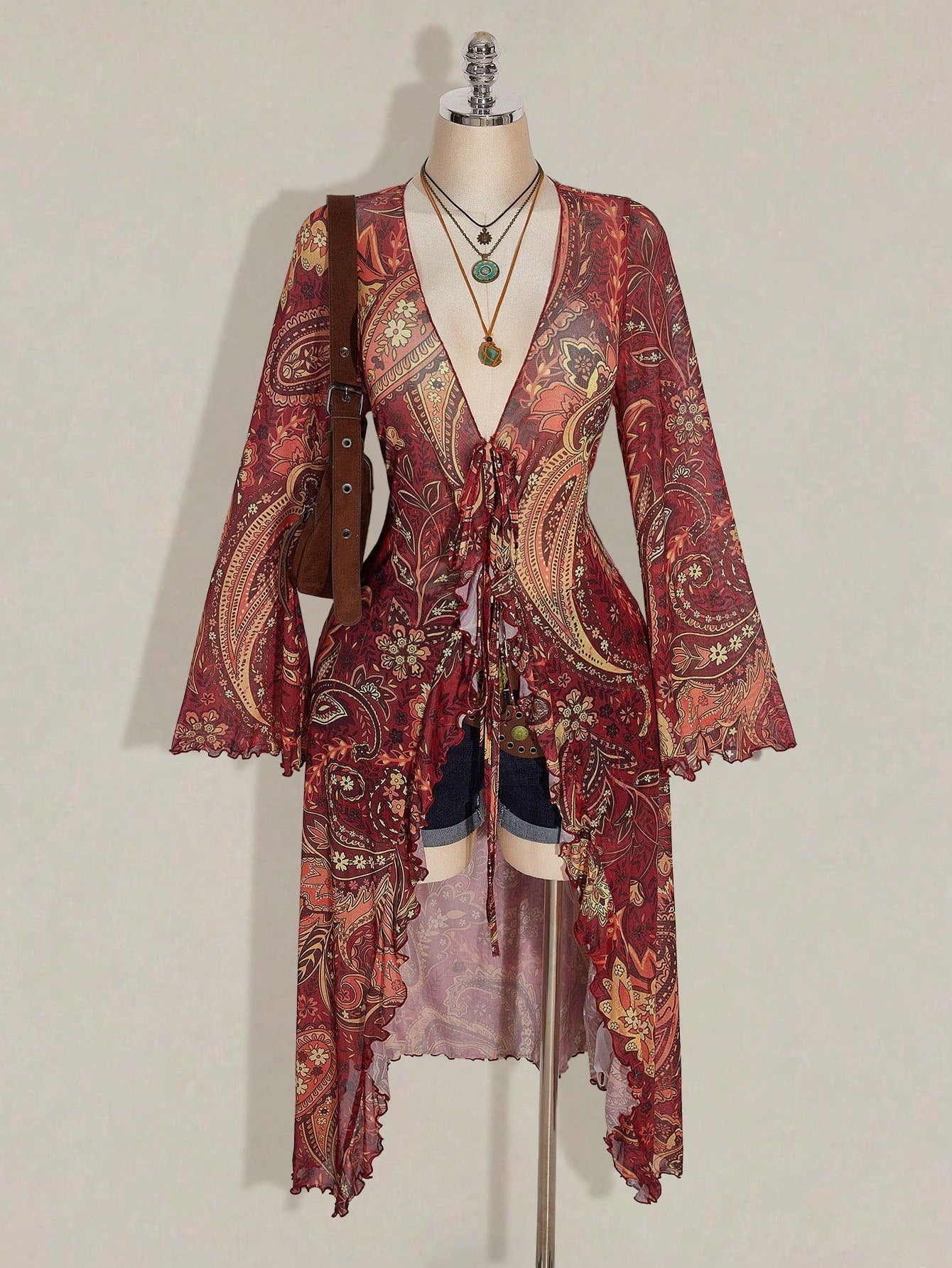 ICON Plus Size Boho Retro Red Paisley Print Top,Brown Polka,Summer,Vacation,Holiday Sheer Mesh V-Neck Front Bow Tie Flared Sleeves Music Festival Top Fall