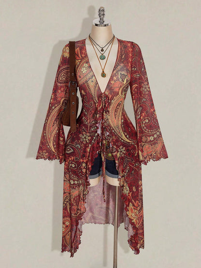 ICON Plus Size Boho Retro Red Paisley Print Top,Brown Polka,Summer,Vacation,Holiday Sheer Mesh V-Neck Front Bow Tie Flared Sleeves Music Festival Top Fall
