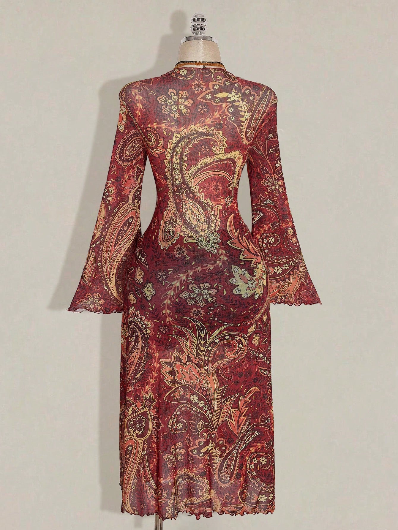 ICON Plus Size Boho Retro Red Paisley Print Top,Brown Polka,Summer,Vacation,Holiday Sheer Mesh V-Neck Front Bow Tie Flared Sleeves Music Festival Top Fall