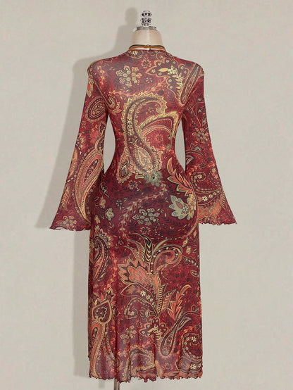 ICON Plus Size Boho Retro Red Paisley Print Top,Brown Polka,Summer,Vacation,Holiday Sheer Mesh V-Neck Front Bow Tie Flared Sleeves Music Festival Top Fall