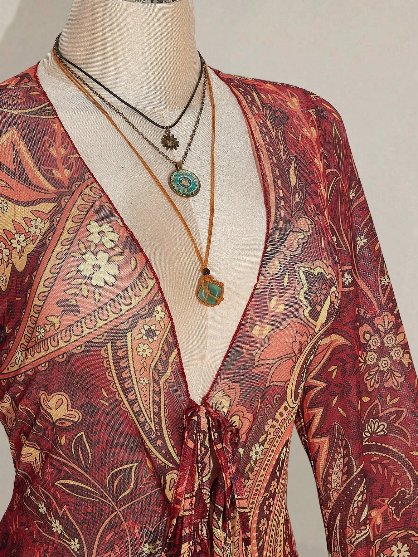 ICON Plus Size Boho Retro Red Paisley Print Top,Brown Polka,Summer,Vacation,Holiday Sheer Mesh V-Neck Front Bow Tie Flared Sleeves Music Festival Top Fall