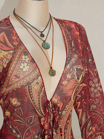 ICON Plus Size Boho Retro Red Paisley Print Top,Brown Polka,Summer,Vacation,Holiday Sheer Mesh V-Neck Front Bow Tie Flared Sleeves Music Festival Top Fall