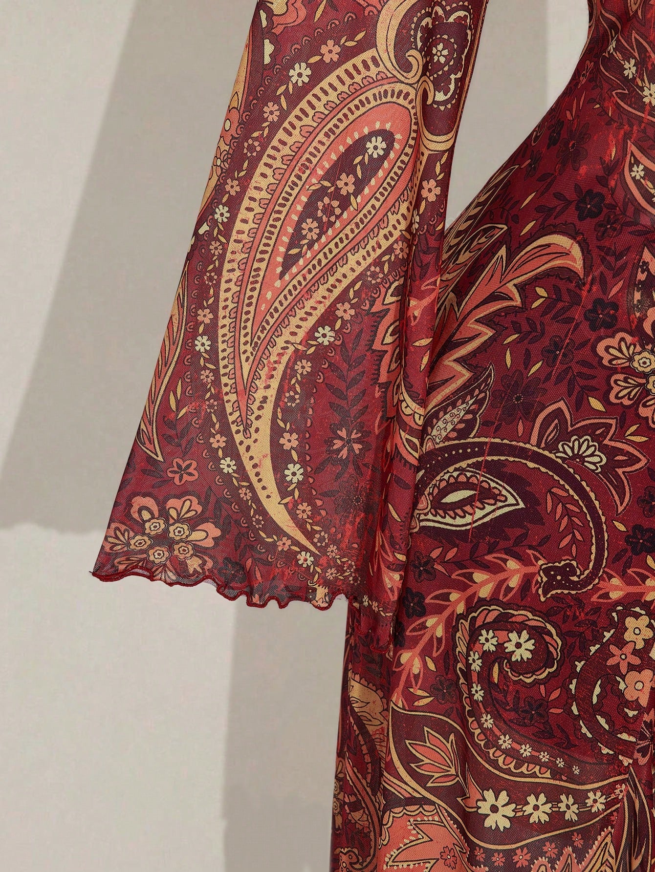 ICON Plus Size Boho Retro Red Paisley Print Top,Brown Polka,Summer,Vacation,Holiday Sheer Mesh V-Neck Front Bow Tie Flared Sleeves Music Festival Top Fall