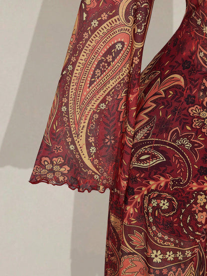 ICON Plus Size Boho Retro Red Paisley Print Top,Brown Polka,Summer,Vacation,Holiday Sheer Mesh V-Neck Front Bow Tie Flared Sleeves Music Festival Top Fall