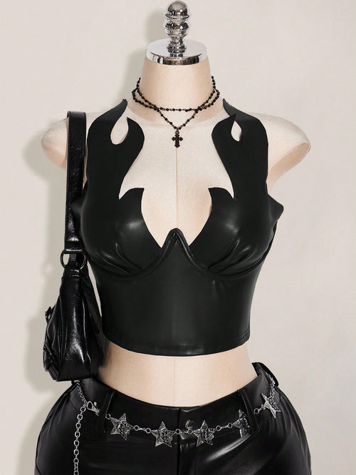 ICON Plus Size PU Leather Flame Pattern Top, Carnival Costume, Party Wear, Halloween Fall