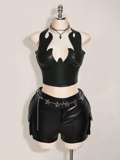 ICON Plus Size PU Leather Flame Pattern Top, Carnival Costume, Party Wear, Halloween Fall