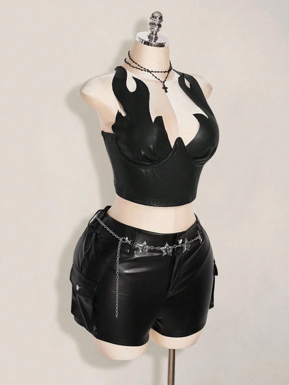 ICON Plus Size PU Leather Flame Pattern Top, Carnival Costume, Party Wear, Halloween Fall