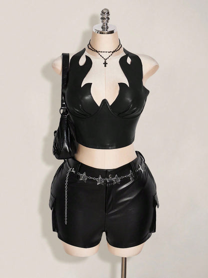 ICON Plus Size PU Leather Flame Pattern Top, Carnival Costume, Party Wear, Halloween Fall
