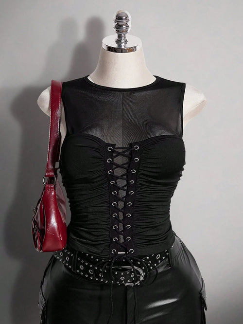 ICON Plus Size Retro Y2K Sexy Mesh Patchwork Tank Top
