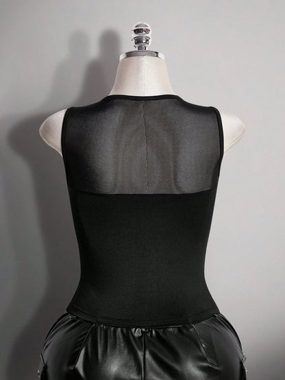 ICON Plus Size Retro Y2K Sexy Mesh Patchwork Tank Top