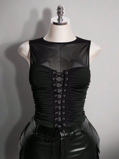 ICON Plus Size Retro Y2K Sexy Mesh Patchwork Tank Top