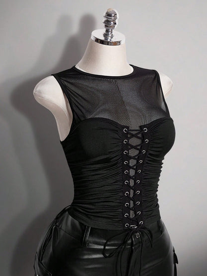 ICON Plus Size Retro Y2K Sexy Mesh Patchwork Tank Top